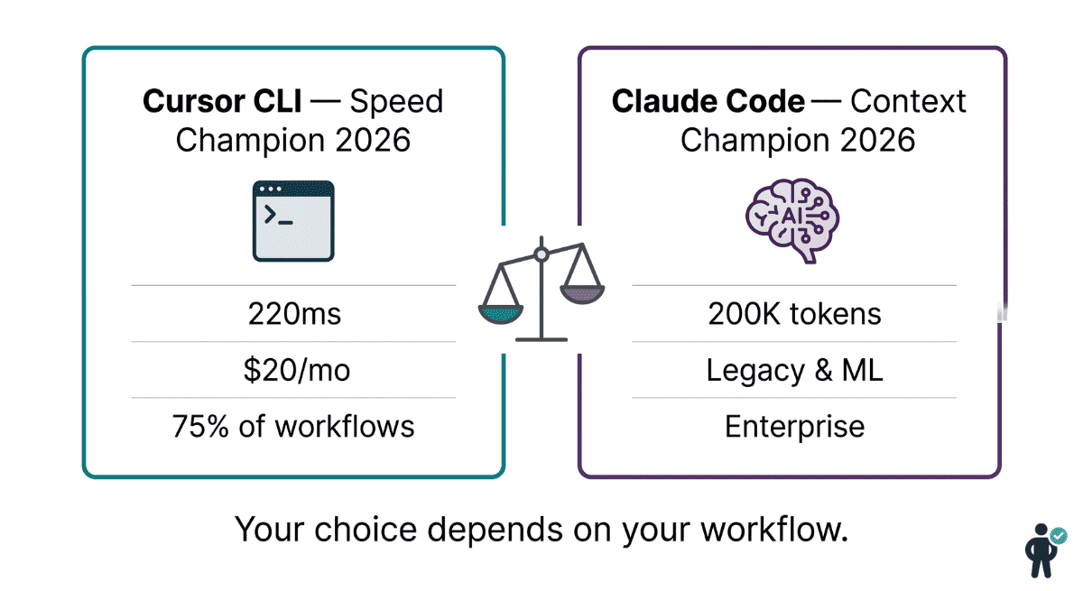 Final verdict illustration comparing Cursor CLI as speed champion and Claude Code as context champion in 2026, helping developers choose the right AI coding tool for their workflow