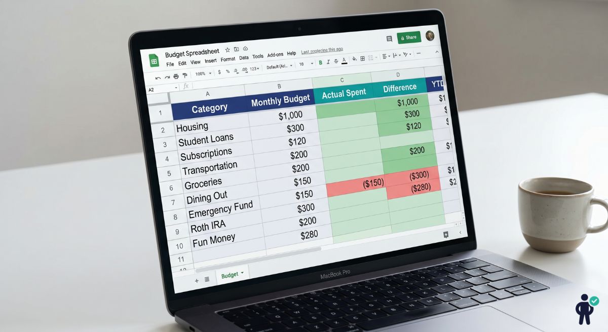 Google Sheets budget template screenshot showing a Gen Z first salary monthly budget with categories, budget amounts, actual spending, and differences color-coded in green and red