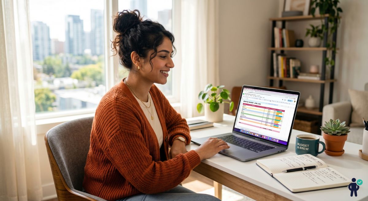 Young Gen Z professional reviewing their first salary budget template on a laptop, representing financial planning for entry-level workers in 2026