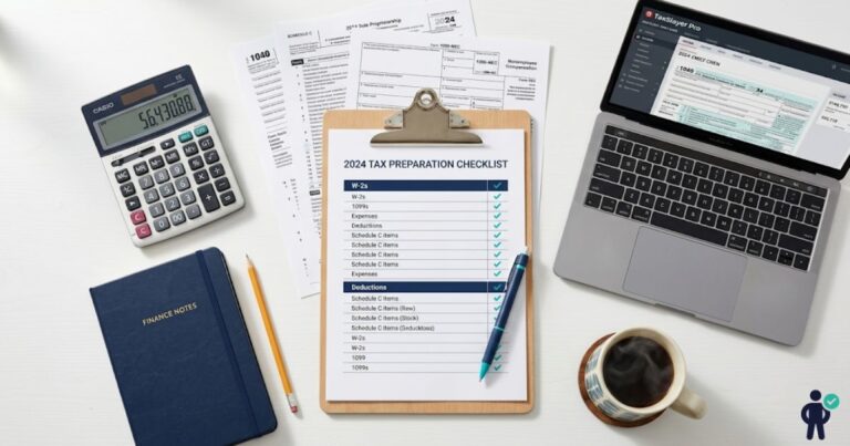 Overhead flat lay of a side-hustle tax checklist on a clipboard with Schedule C forms, calculator, and laptop on a white desk representing the 2026 tax preparation process for freelancers