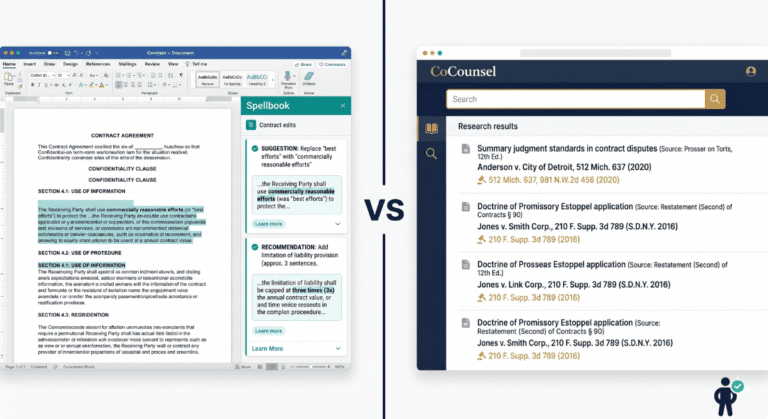 Split-screen comparison graphic showing Spellbook's Microsoft Word contract drafting interface on the left versus CoCounsel's web research portal on the right for a 2026 legal AI comparison