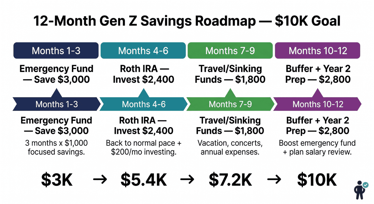 12-month savings roadmap infographic for Gen Z first salary showing four phases from emergency fund to Roth IRA to travel fund reaching a $10,000 goal by month 12