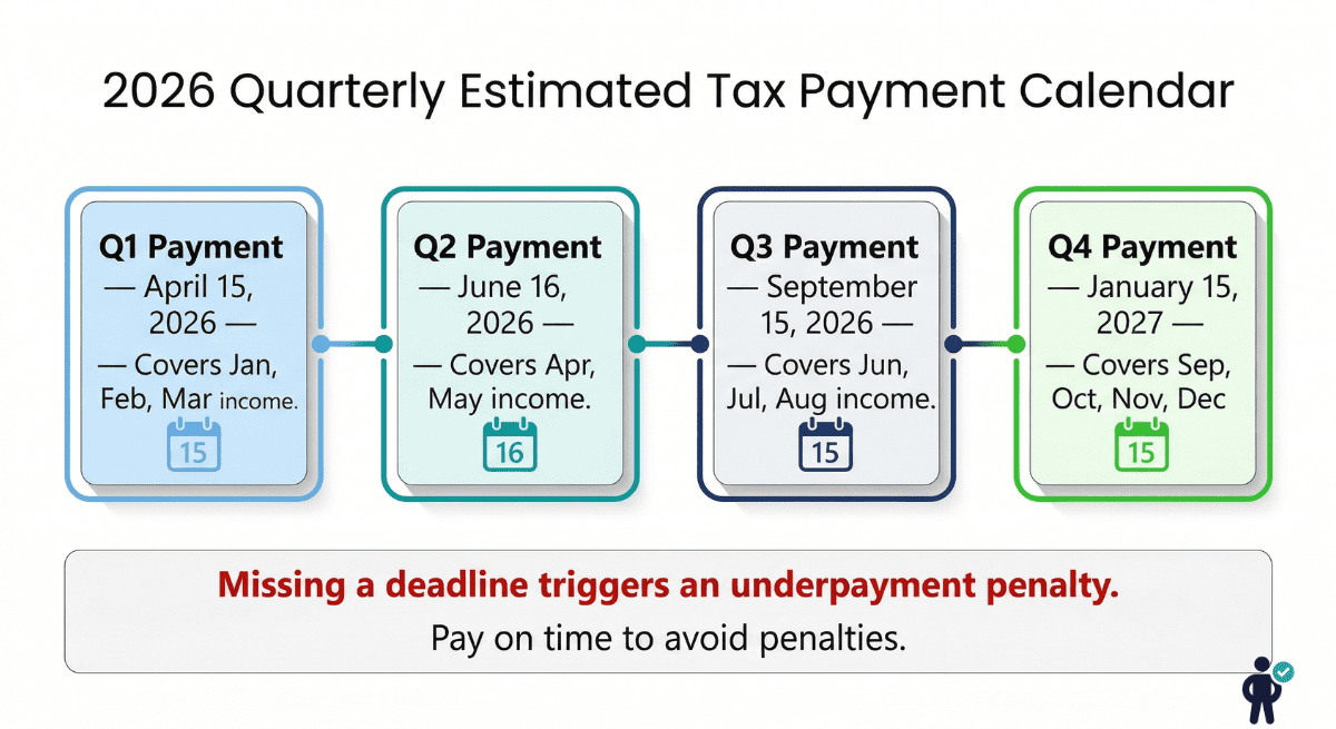 Infographic showing the 2026 quarterly estimated tax payment calendar with four deadlines: April 15, June 16, September 15, and January 15 2027, with income periods covered by each payment