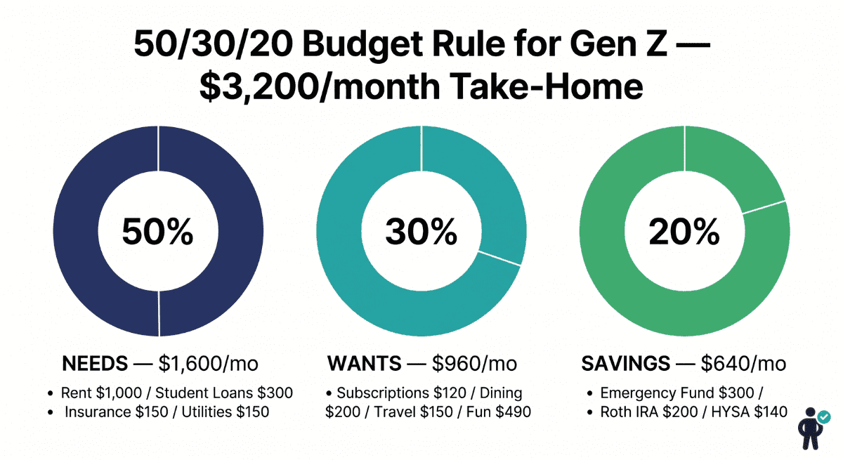 Infographic showing the 50/30/20 budget rule customized for Gen Z first salary of $3,200 per month, with needs at $1,600, wants at $960, and savings at $640