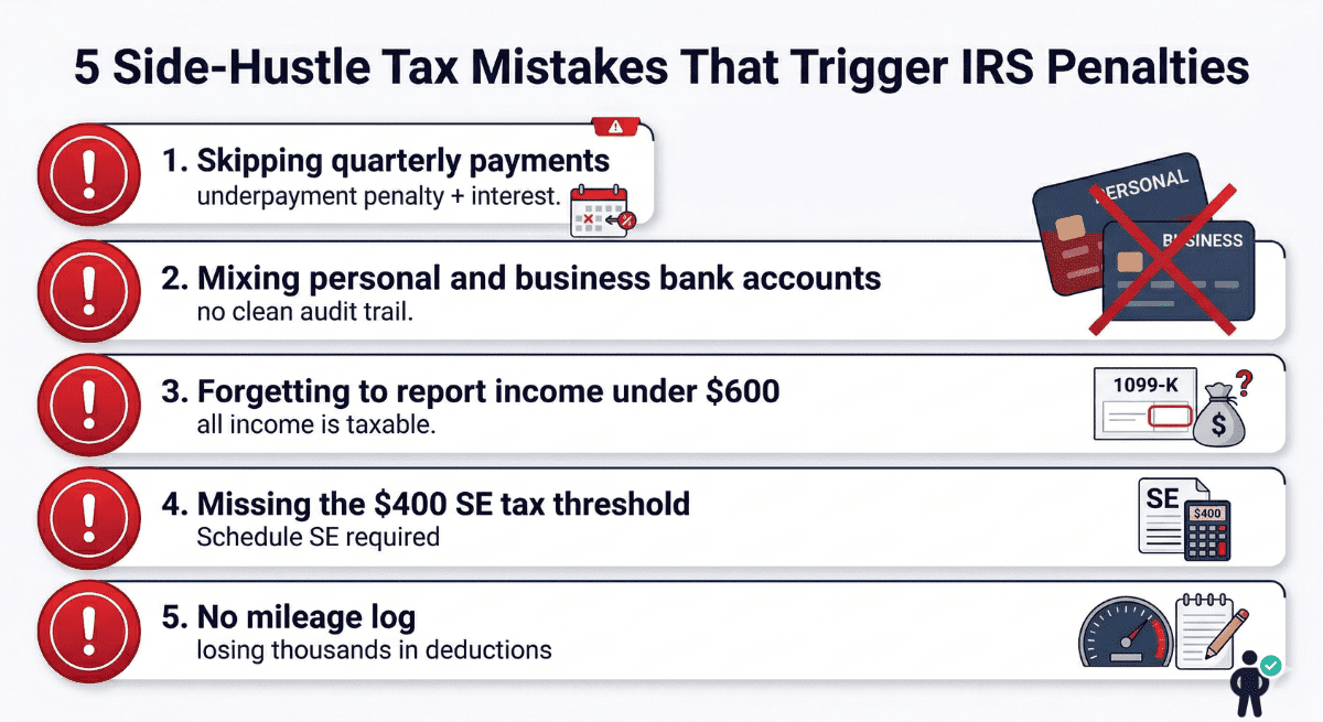 Infographic listing five common side-hustle tax mistakes including skipping quarterly payments, mixing bank accounts, and missing the $400 self-employment tax threshold