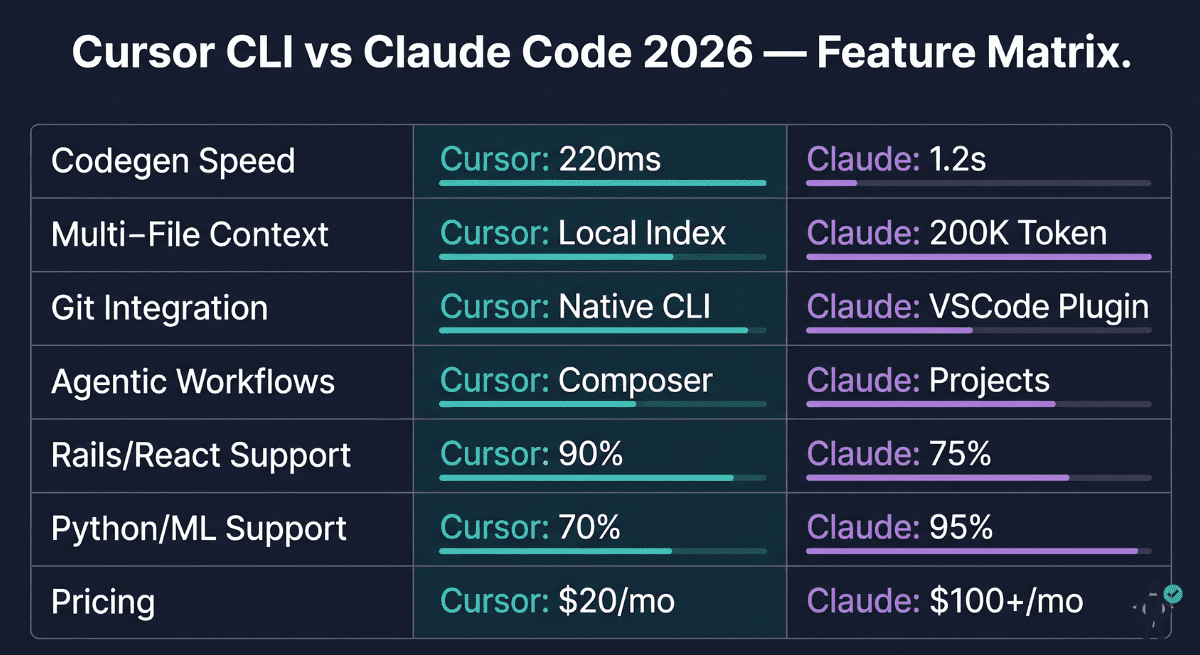 Feature matrix comparison infographic between Cursor CLI and Claude Code 2026 showing speed, context window, Git integration, language support, and pricing side by side
