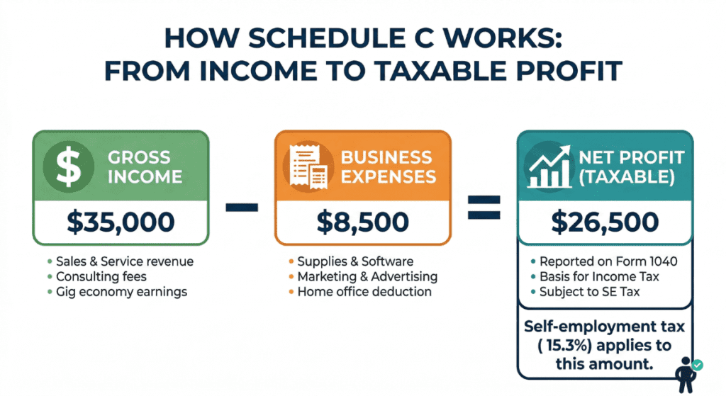 Infographic explaining how Schedule C works for side-hustlers showing the calculation from gross income minus business expenses equals net taxable profit with example dollar amounts
