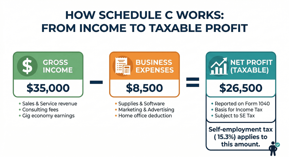Infographic explaining how Schedule C works for side-hustlers showing the calculation from gross income minus business expenses equals net taxable profit with example dollar amounts