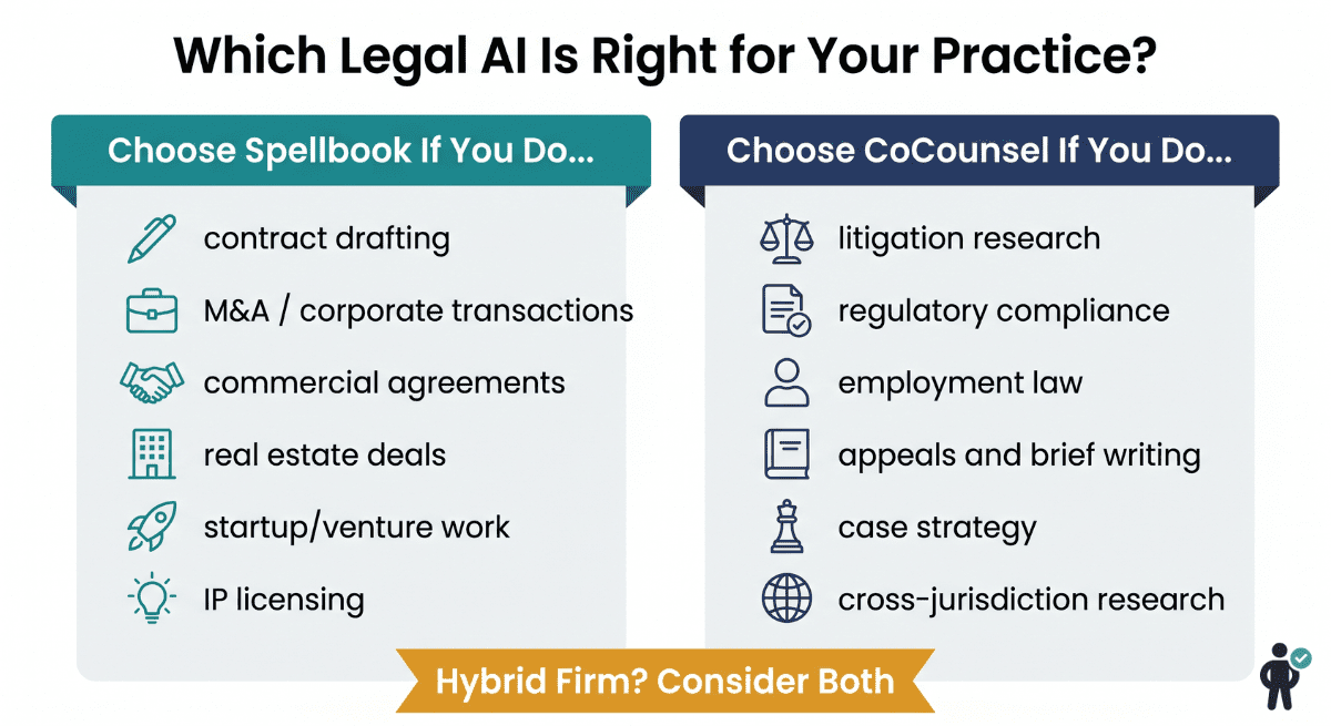 Infographic showing which practice areas should choose Spellbook versus CoCounsel, with transactional and contract work on the Spellbook side and litigation and research work on the CoCounsel side