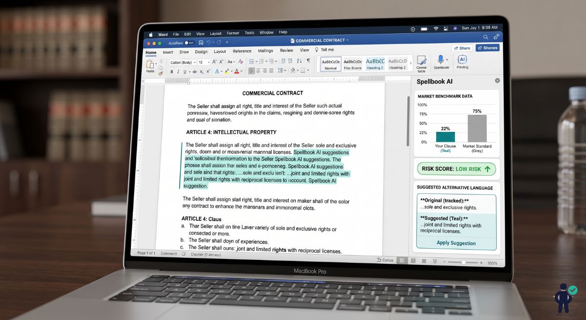 Spellbook AI interface inside Microsoft Word showing contract review with market benchmarks, risk scoring, and clause suggestions in a sidebar panel for a commercial agreement