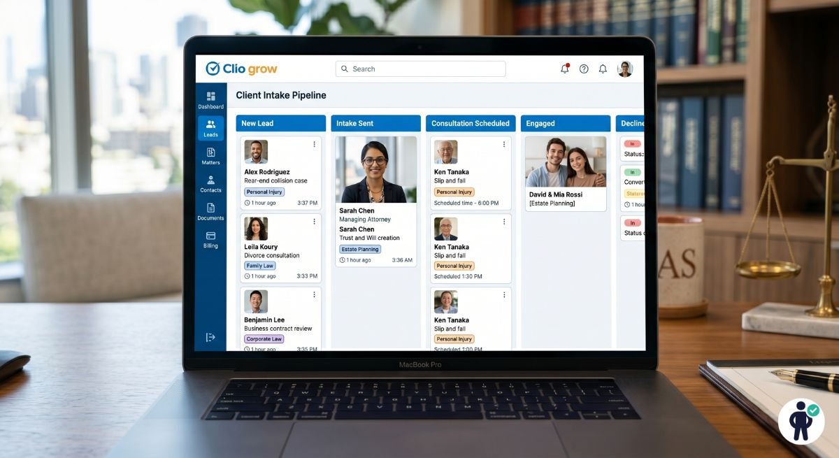 Clio Grow CRM dashboard screenshot showing law firm client intake pipeline with lead stages from New Lead through Consultation Scheduled to Engaged for small law firm management