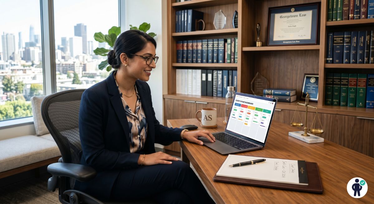Solo attorney reviewing the best CRM for small law firms on a laptop, showing client intake pipeline and matter management dashboard in a professional law office setting