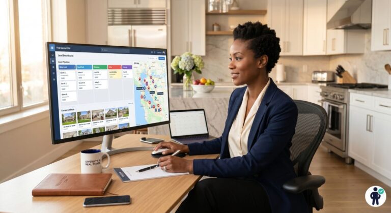 Real estate agent reviewing the best HubSpot alternatives on a CRM dashboard showing lead pipeline with IDX property map and client follow-up stages in a professional home office