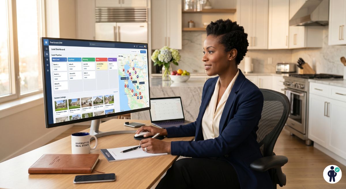 Real estate agent reviewing the best HubSpot alternatives on a CRM dashboard showing lead pipeline with IDX property map and client follow-up stages in a professional home office