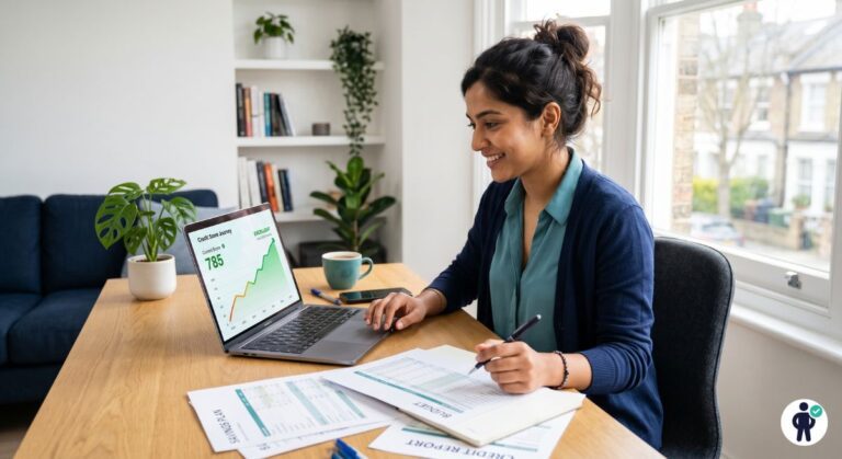 Immigrant woman building US credit score at home desk in 2026 with financial documents and laptop