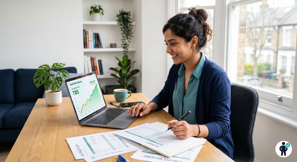 Immigrant woman building US credit score at home desk in 2026 with financial documents and laptop