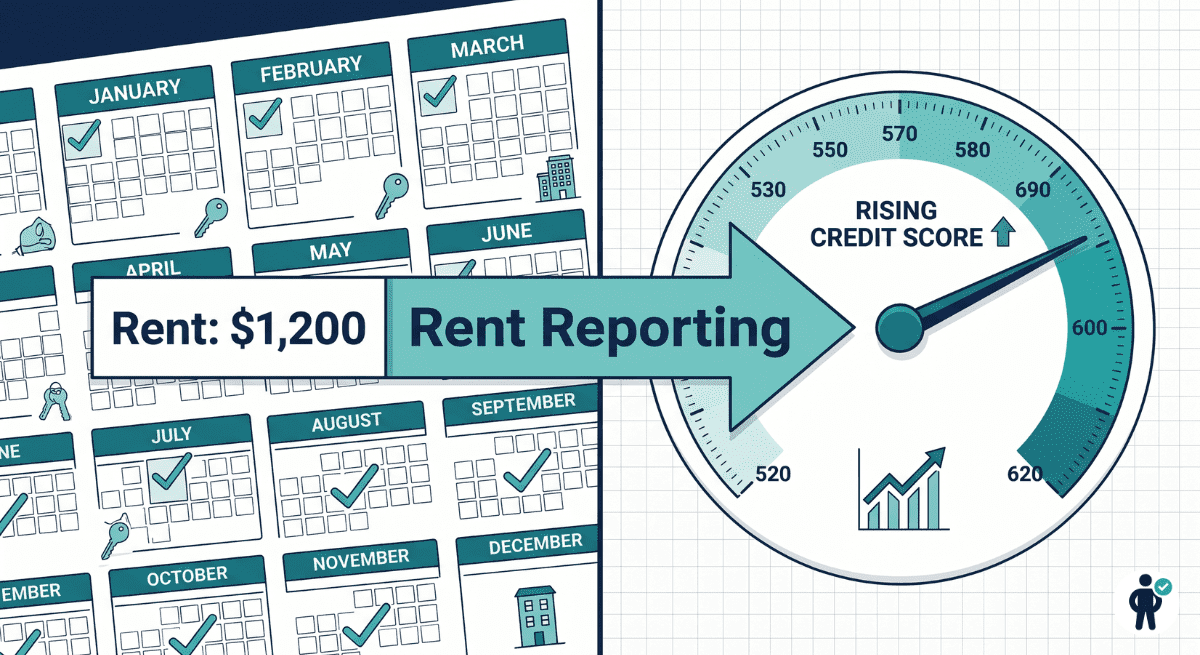 Rent reporting infographic showing how monthly payments boost FICO credit score for immigrants in 2026