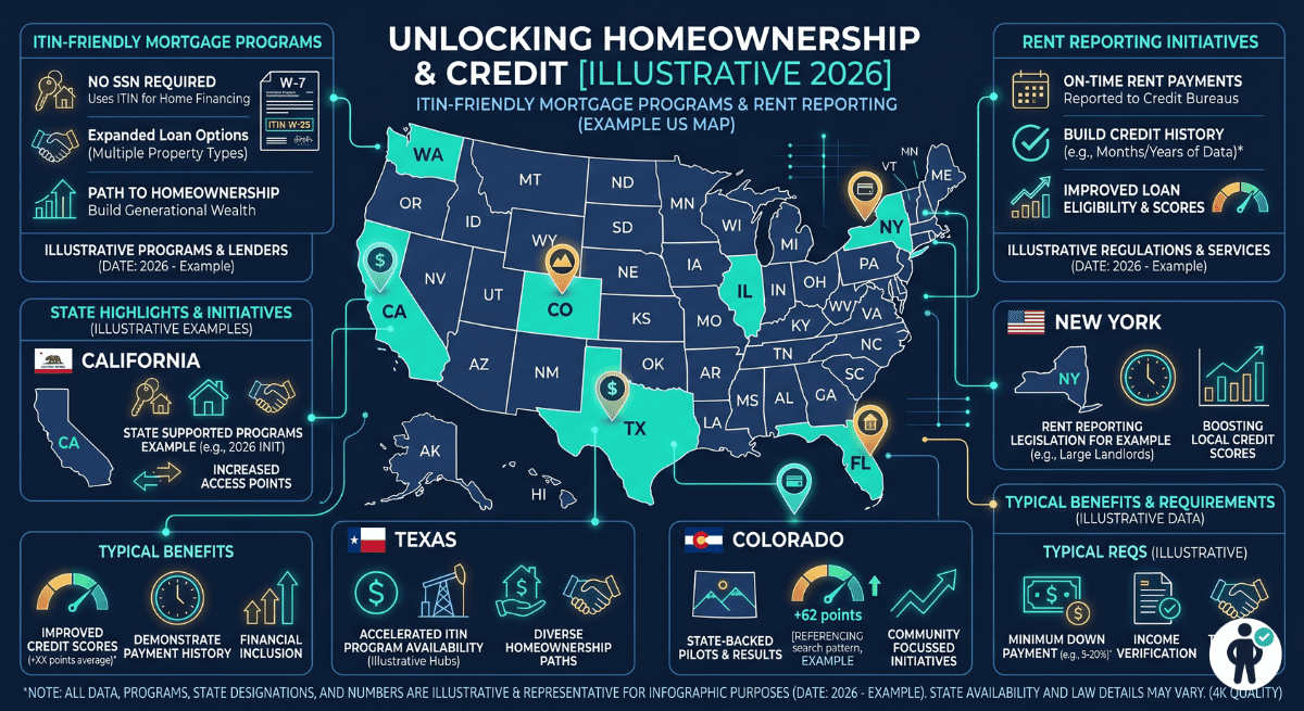 US map showing states with ITIN mortgage programs and rent reporting laws favorable to immigrants building credit in 2026