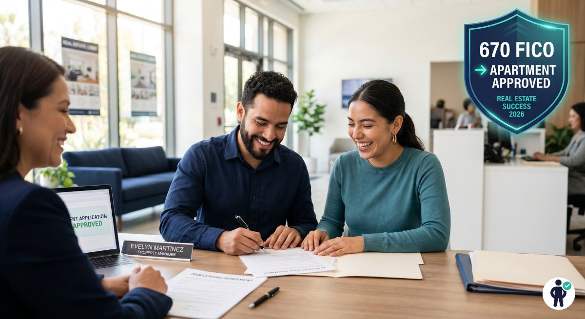 Immigrant couple signing apartment lease after achieving 670 FICO credit score milestone in 2026