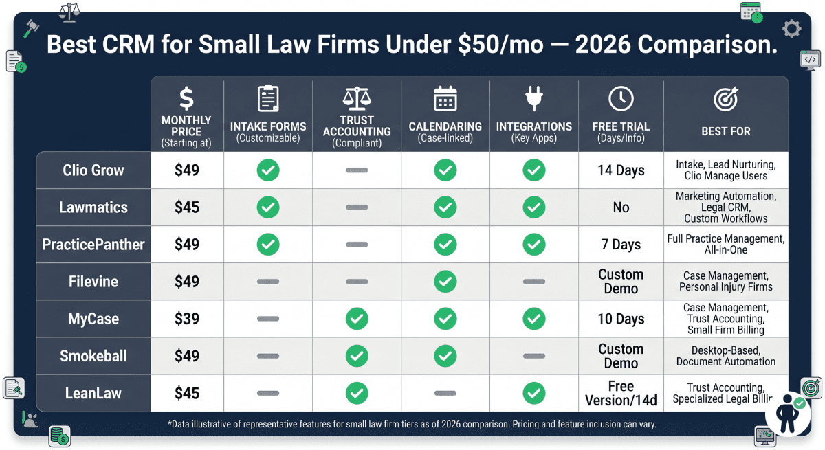 Comparison infographic showing the 7 best CRM tools for small law firms under $50 per month ranked by price, intake forms, trust accounting, and practice area suitability in 2026