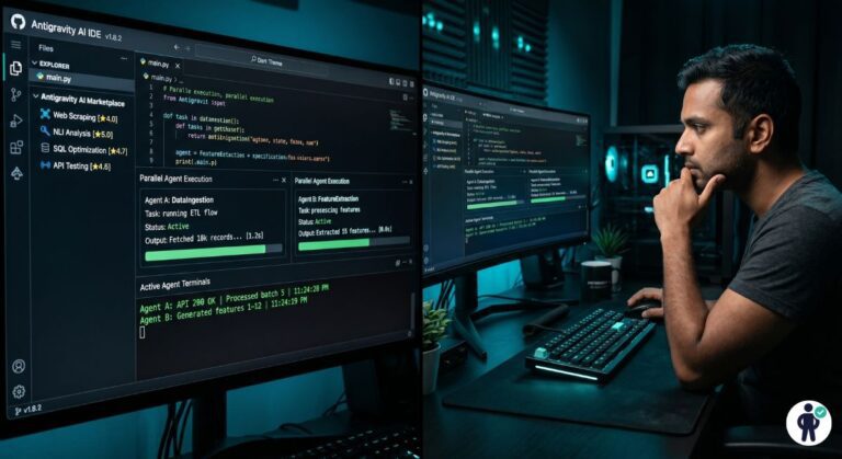 Senior developer reviewing Google Antigravity AI agent-first IDE interface showing multi-agent task execution panel and skills marketplace in a professional dark-themed developer setup 2026