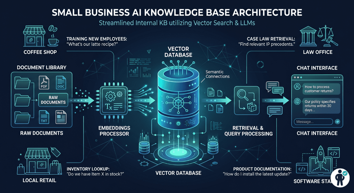 Illustration of a small business RAG architecture showing documents flowing through an embedding processor into a vector database connected to an AI chat interface for knowledge retrieval in 2026