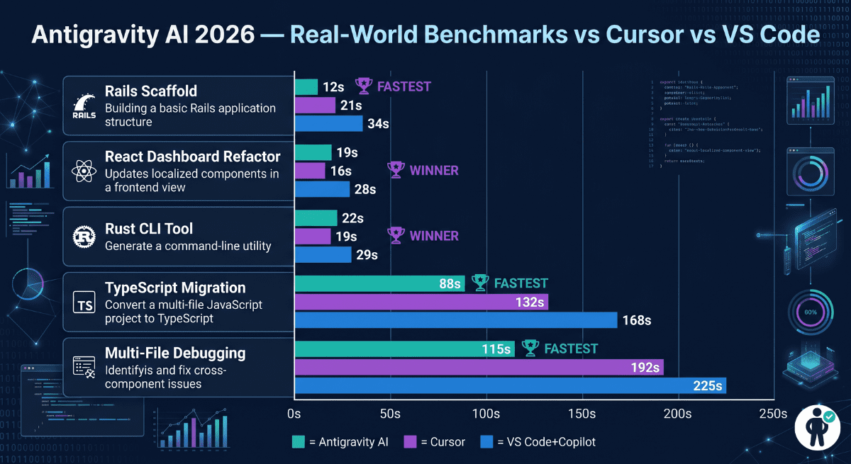 Benchmark comparison infographic showing Antigravity AI versus Cursor and VS Code Copilot across five real-world coding tasks in 2026 with completion times in seconds