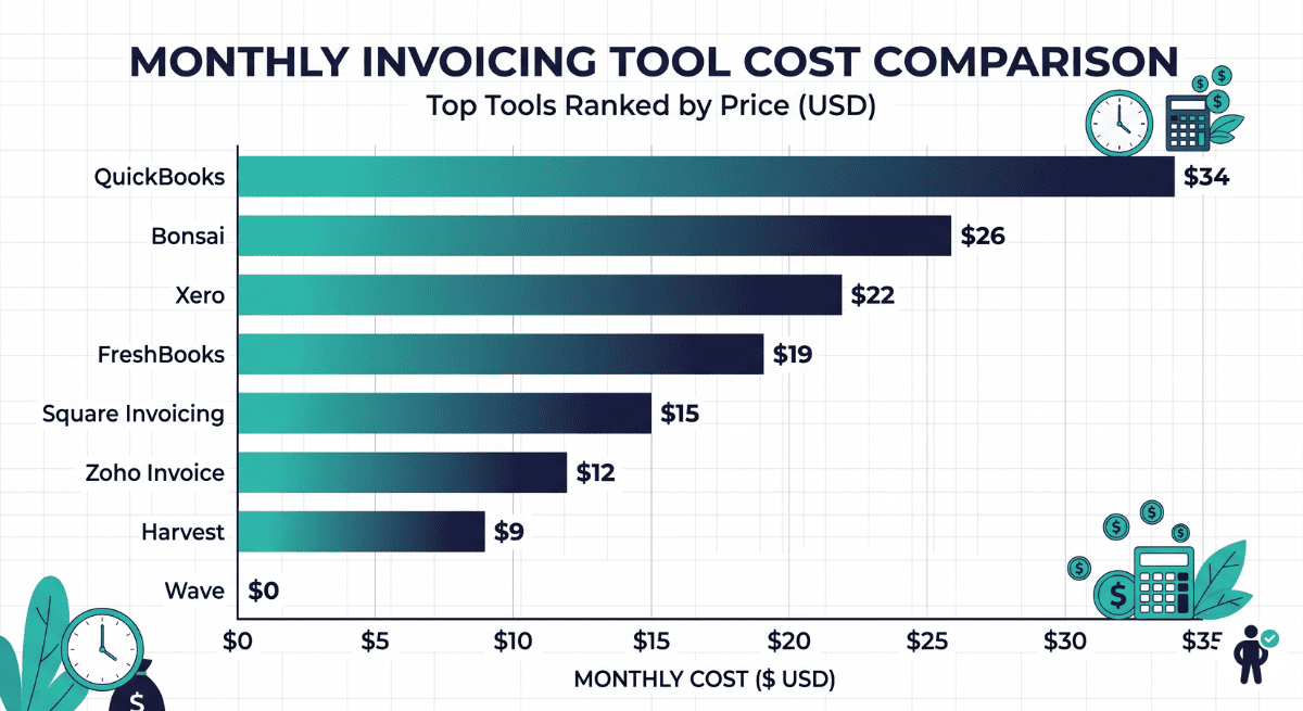 Infographic comparing monthly pricing of 8 QuickBooks alternatives for freelancers in 2026 from free to $35 per month