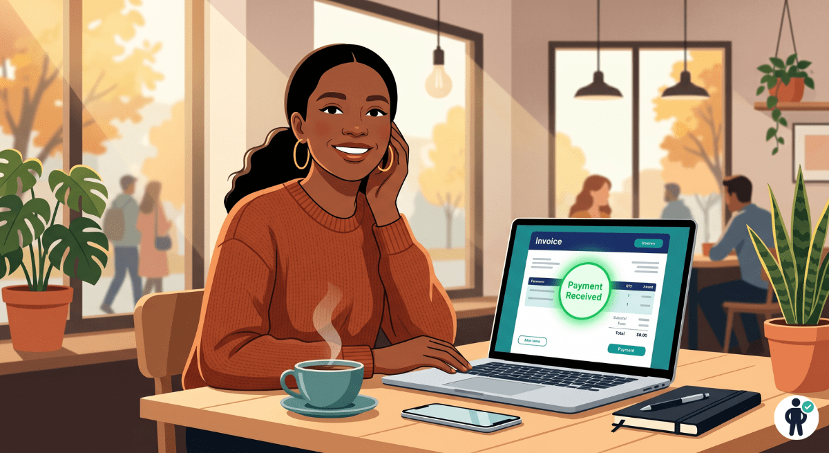 Freelancer receiving payment notification on laptop using a simpler QuickBooks alternative invoicing tool in 2026