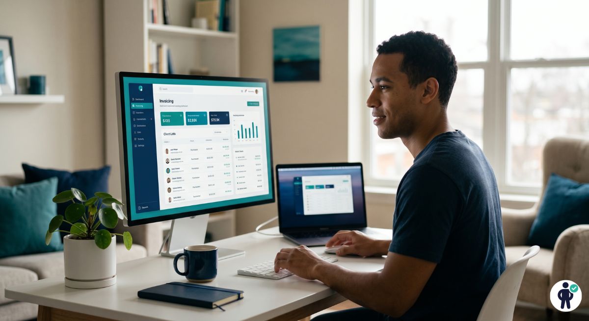 Freelancer using QuickBooks alternative invoicing software at home desk in 2026