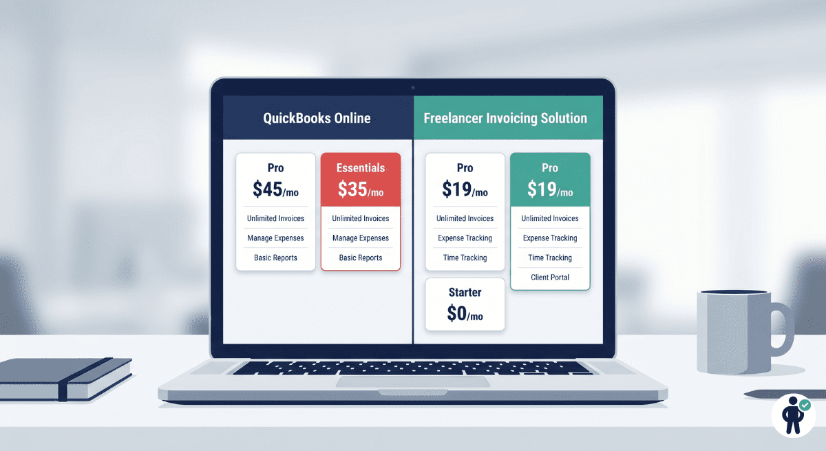 QuickBooks pricing versus cheaper freelancer invoicing alternatives comparison mockup showing cost savings in 2026