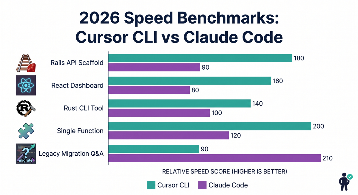 Bar chart comparing Cursor CLI versus Claude Code 2026 speed benchmarks across five tasks including Rails scaffold, React dashboard, Rust CLI, single function, and legacy migration