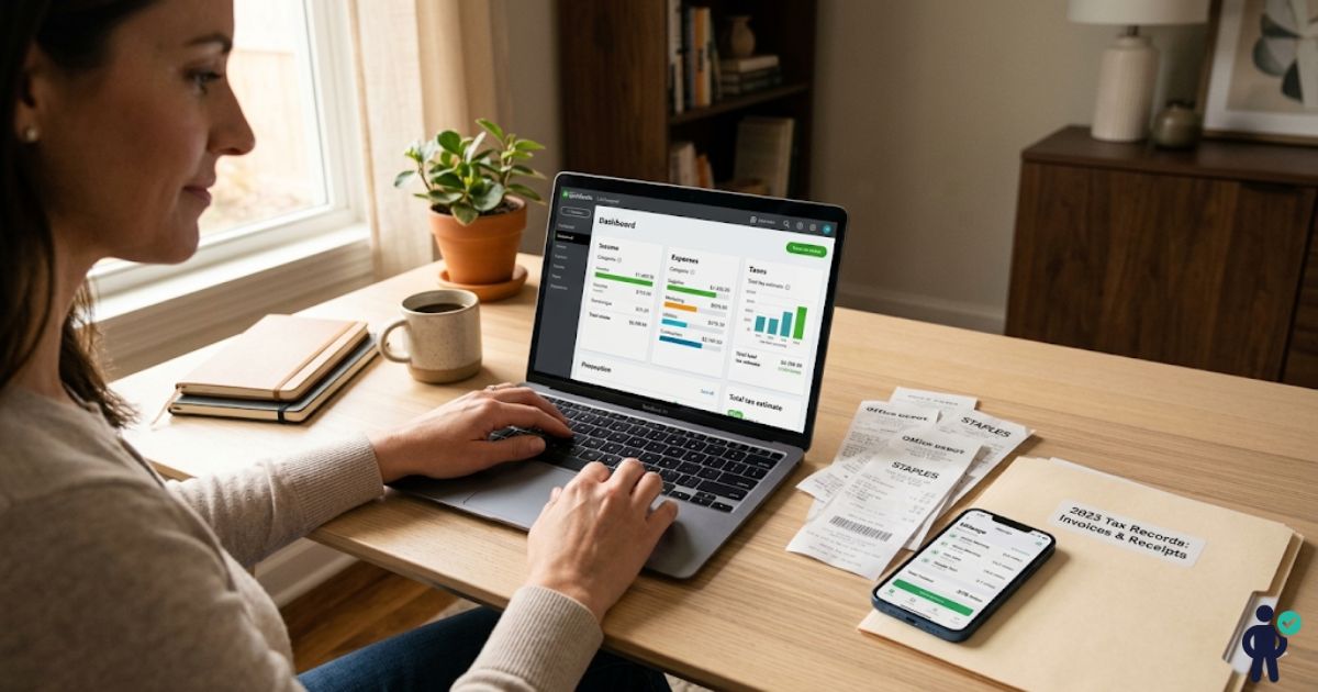 Freelancer organizing digital tax records on a laptop showing expense tracking software alongside paper receipts and a mileage tracking app on a smartphone